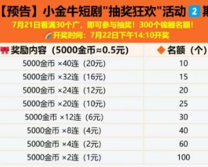 小金牛短剧抽奖狂欢活动2期，7月21日看满30个广即可参与 - 线报酷
